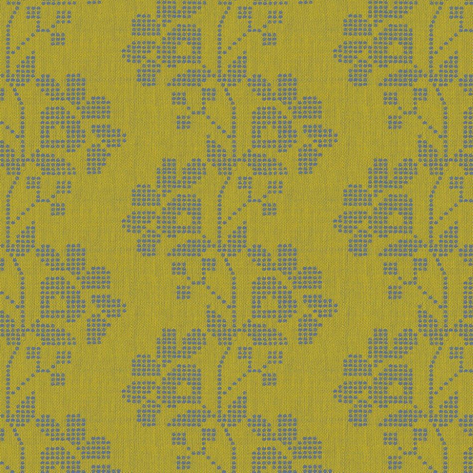 a repeating pattern of stylized floral or leaf-like shapes in shades of yellow and gray. The pattern is composed of small square or dot-like shapes, creating a visually striking and intricate design.