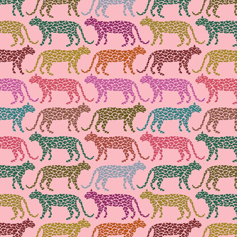 a repeating pattern of stylized leopard silhouettes in various vibrant colors, including shades of pink, green, blue, and yellow.