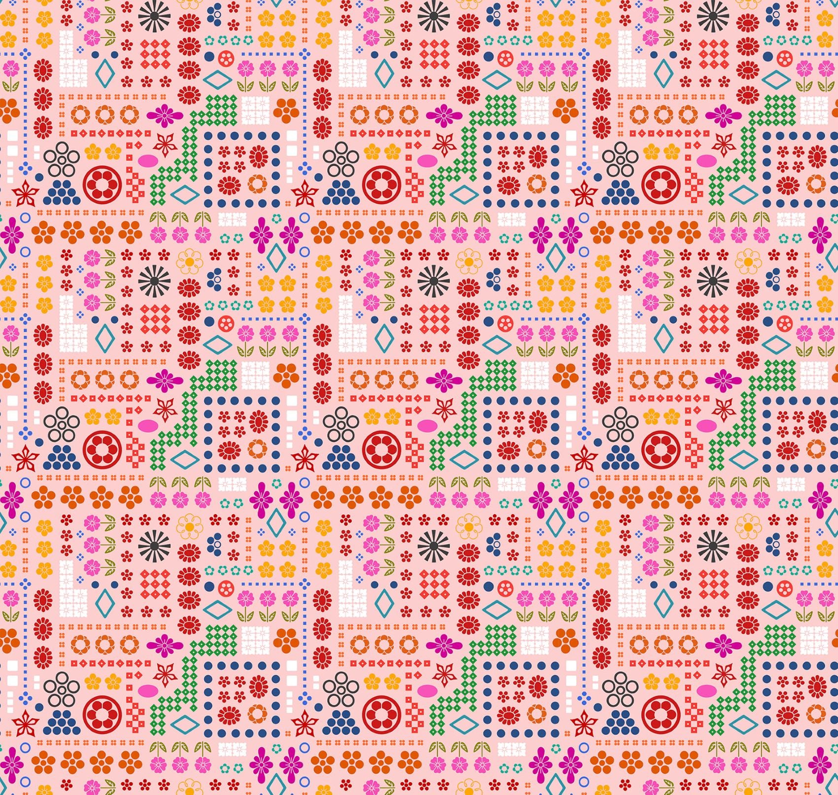 The image is a repeating pattern of various colorful shapes and symbols, including flowers, stars, and geometric designs, arranged in a grid-like pattern.