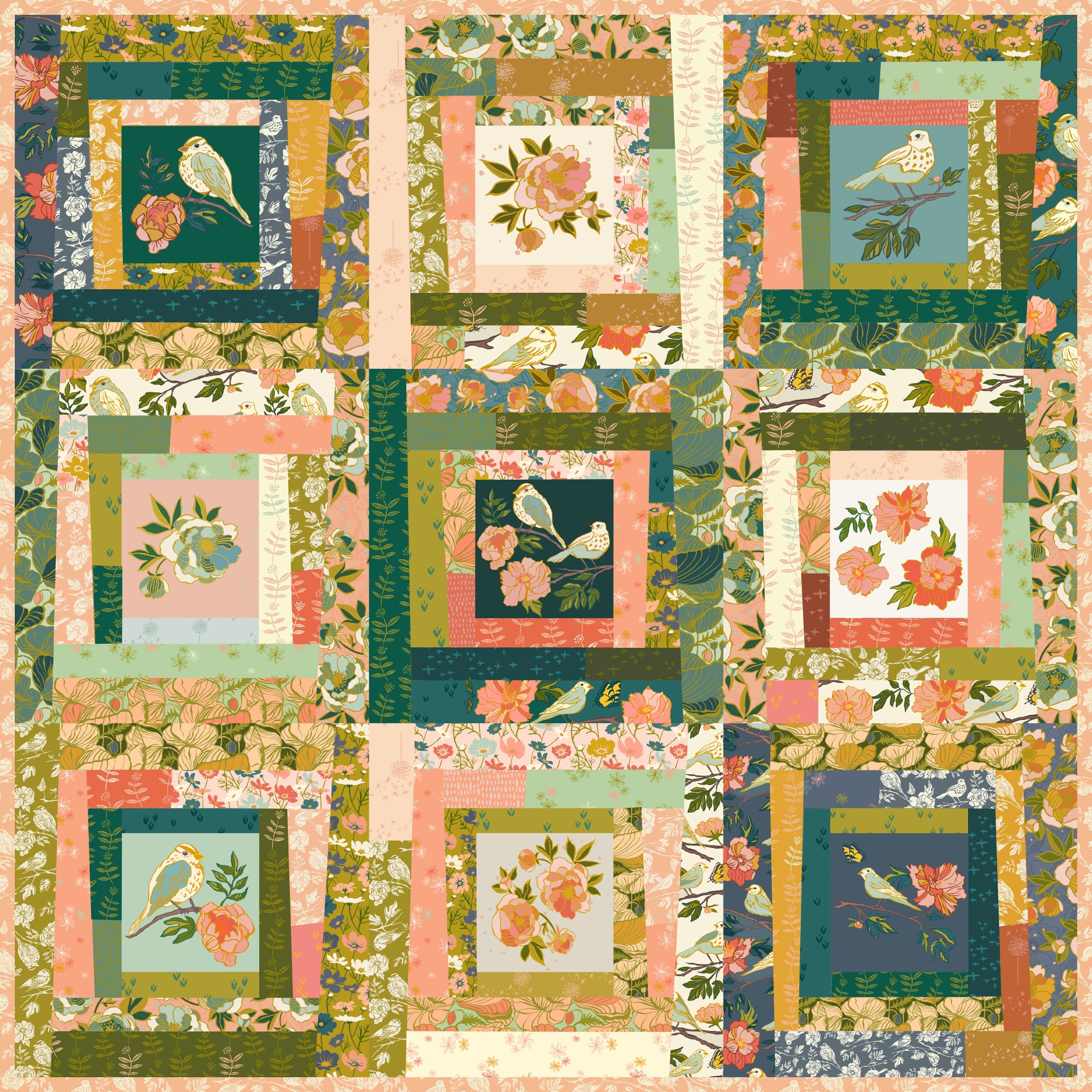 The image is a vibrant and colorful quilt composed of various floral and bird motifs arranged in a grid-like pattern.