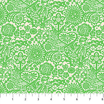 The image is a repeating pattern of green floral designs, including sunflowers, hearts, and other decorative elements.