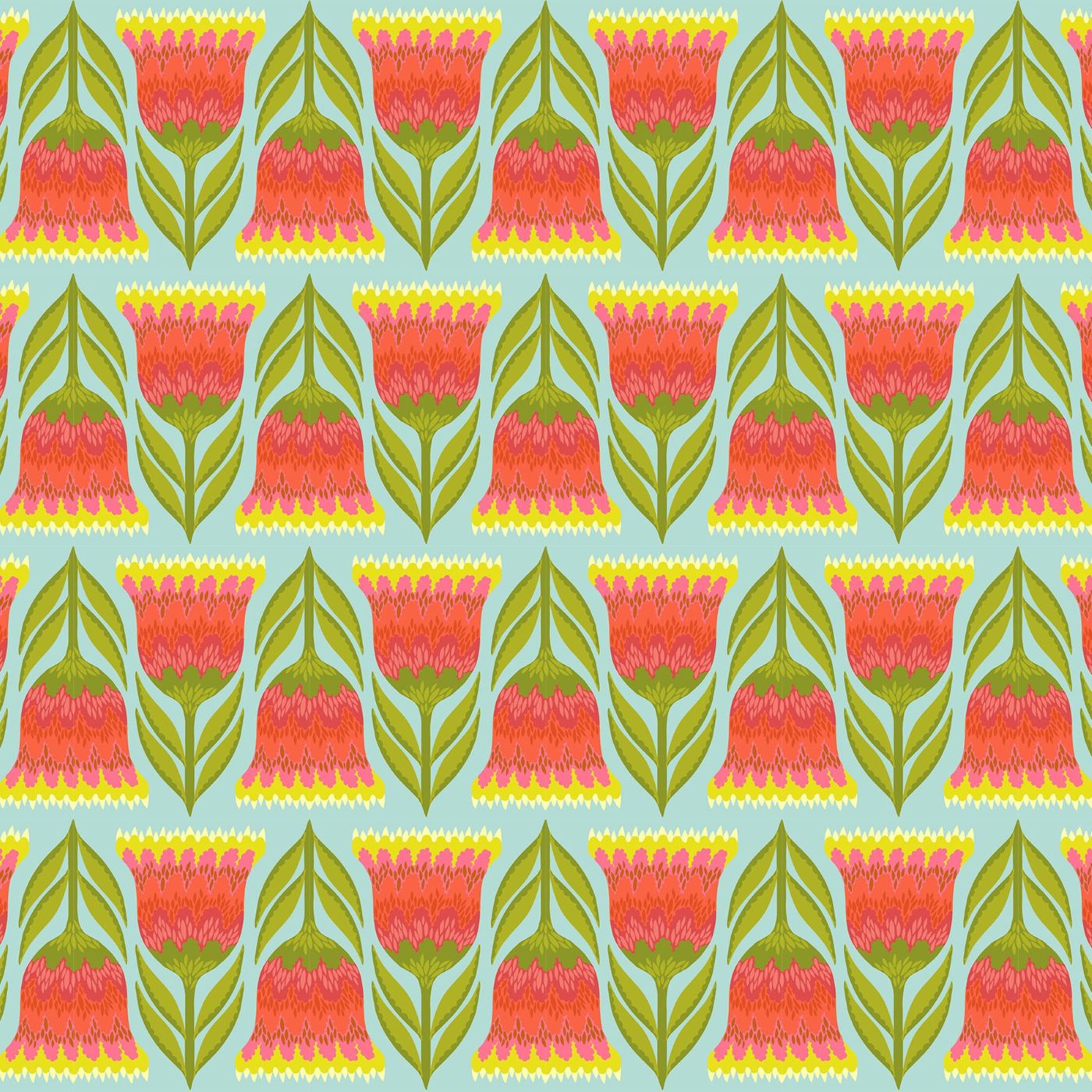 a repeating pattern of red and green flowers with green leaves, creating a visually appealing and harmonious design.