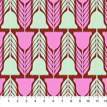 a repeating pattern of stylized leaves in shades of pink and green, arranged in a grid-like fashion.