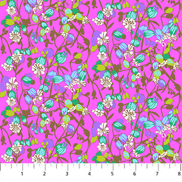 The image is a vibrant and colorful pattern featuring a variety of flowers and leaves in shades of pink, blue, and green. The pattern appears to be a repeating design, with the flowers and leaves arranged in a visually appealing manner.