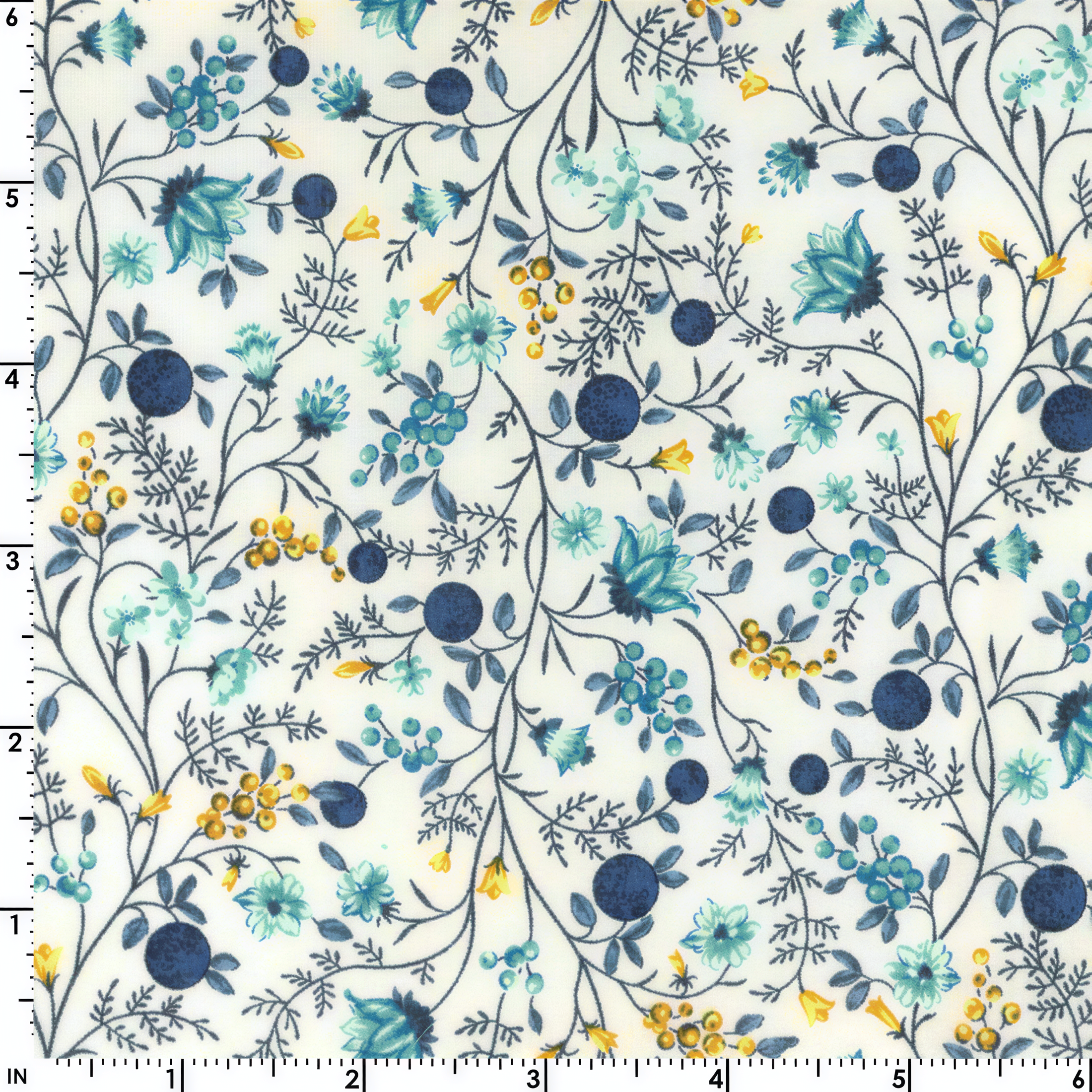 a repeating floral pattern with blue and yellow flowers and leaves on a white background.