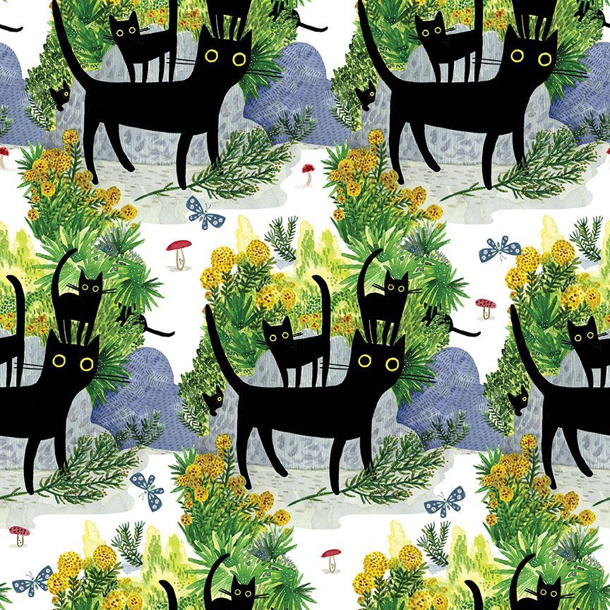 The image is a repeating pattern of black cats surrounded by various elements such as flowers, mushrooms, and butterflies.