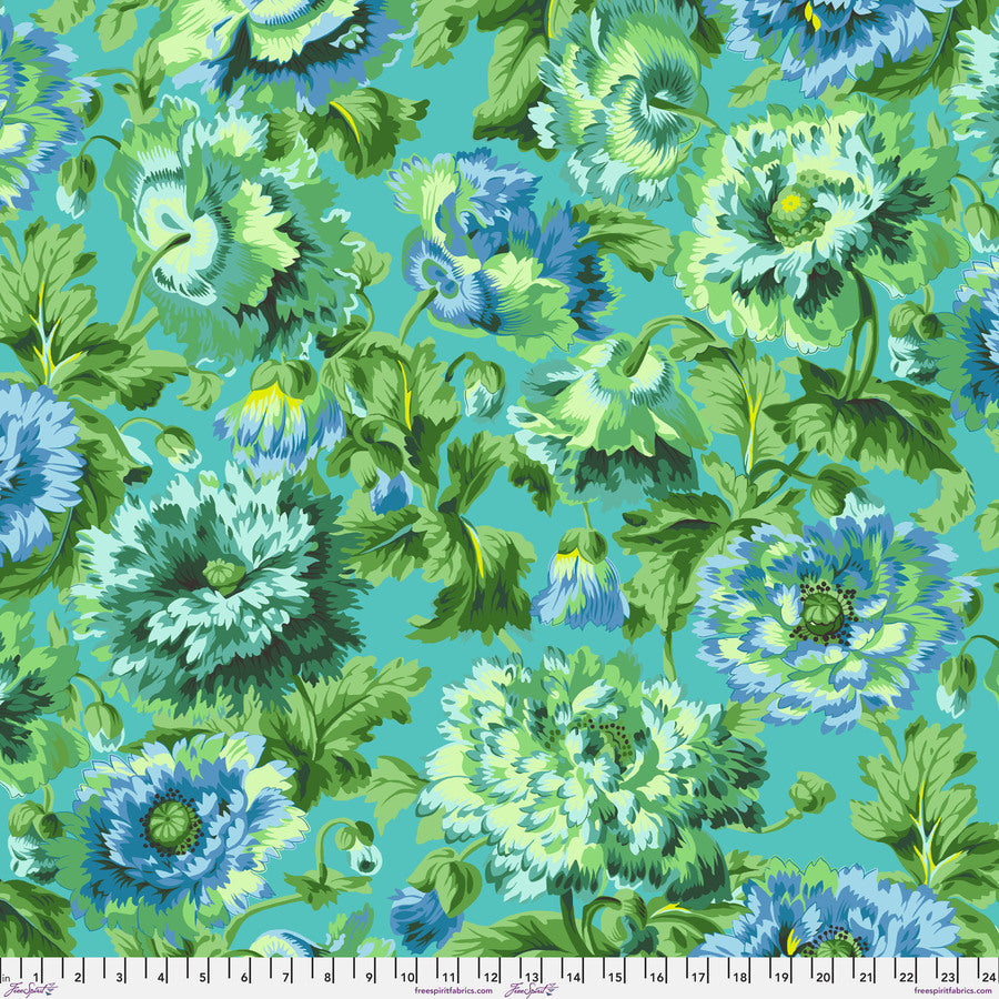 The image is a vibrant and colorful floral pattern with various shades of green, blue, and white flowers and leaves. The pattern is filled with a variety of flowers and foliage, creating a lively and dynamic visual effect.