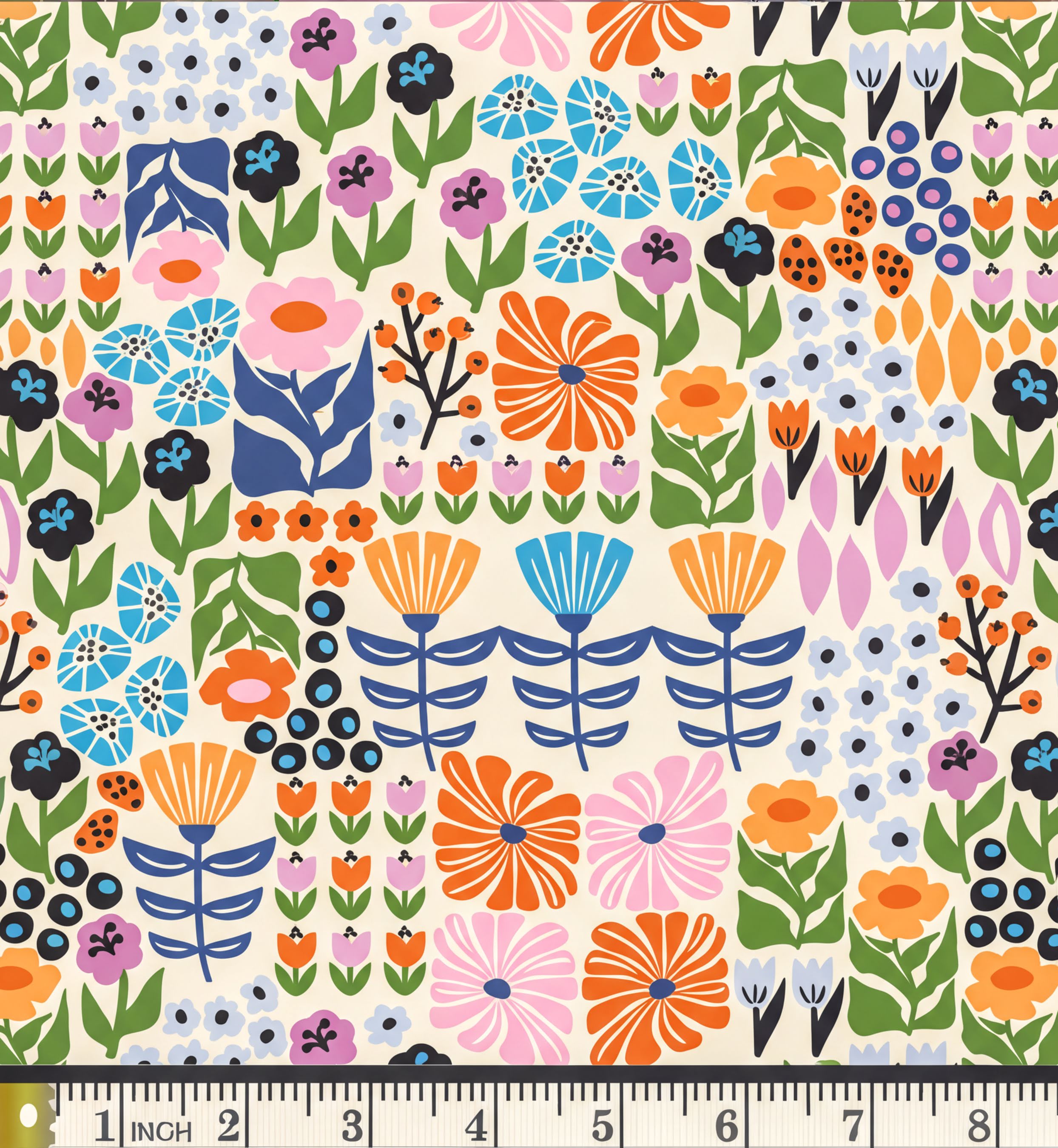 The image is a vibrant and colorful pattern featuring various flowers and leaves in shades of orange, pink, blue, and green. The pattern is composed of multiple images of flowers and leaves, creating a visually striking and dynamic design.