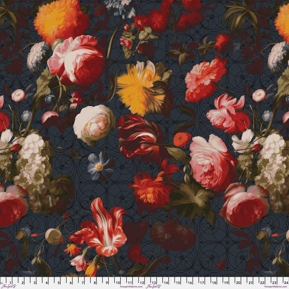 The image is a vibrant and colorful collage of various flowers and foliage against a dark background. The flowers include roses, lilies, and other blooms in shades of red, pink, yellow, and white. The arrangement of the flowers creates a visually striking and dynamic composition.