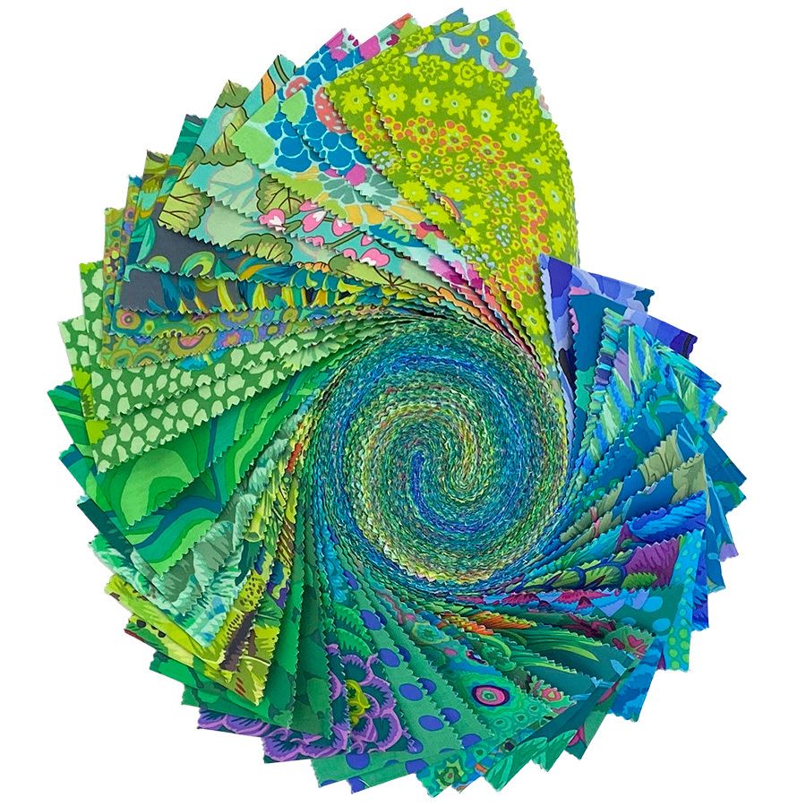 The image is a vibrant and colorful spiral arrangement of various fabric swatches, showcasing a diverse range of patterns and colors.