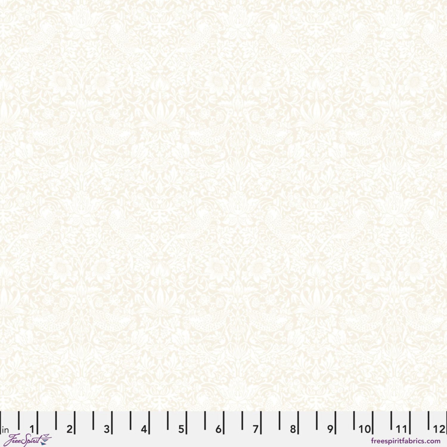 The image is a plain white fabric with a repeating pattern of flowers or leaves.