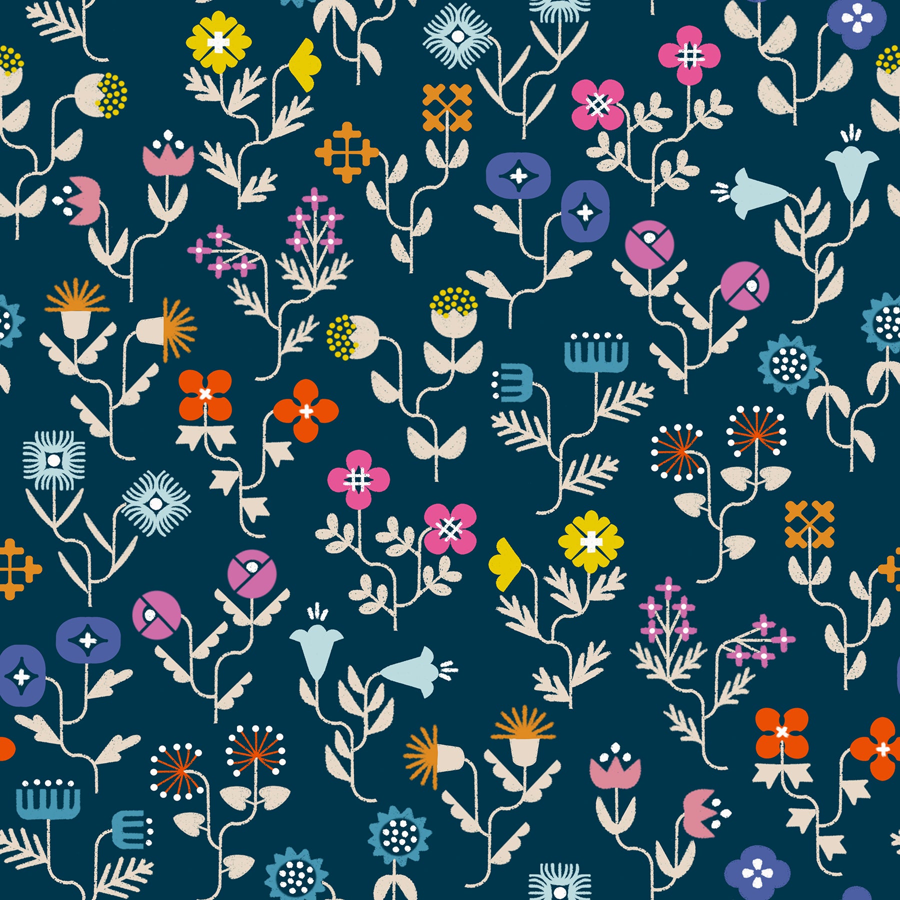 The image is a repeating pattern of various stylized flowers and plants in different colors and shapes against a dark blue background.