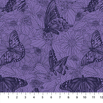 a repeating pattern of purple butterflies and flowers, creating a visually striking and harmonious design.