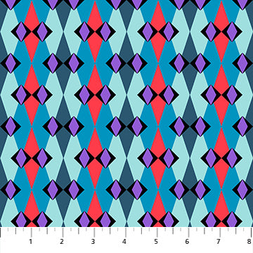 a repeating pattern of diamond shapes in various shades of blue, purple, and red.