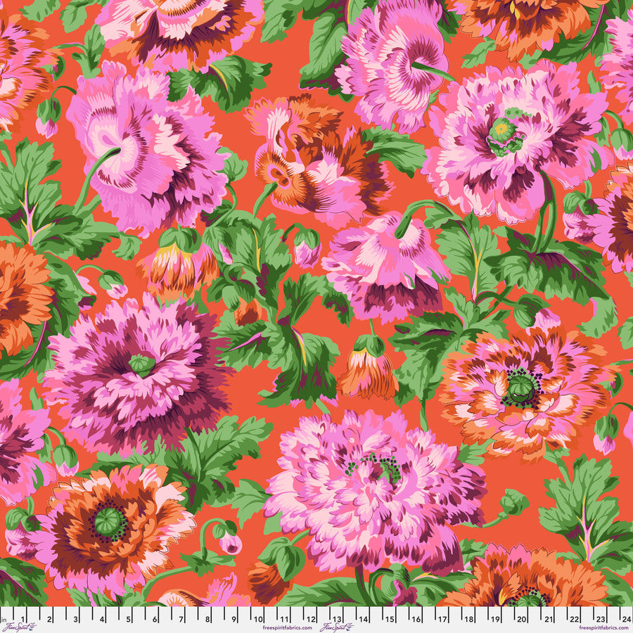 The image is a vibrant and colorful floral pattern featuring a variety of pink and orange flowers with green leaves. The pattern is spread across a large surface area, creating a visually striking and lively design.