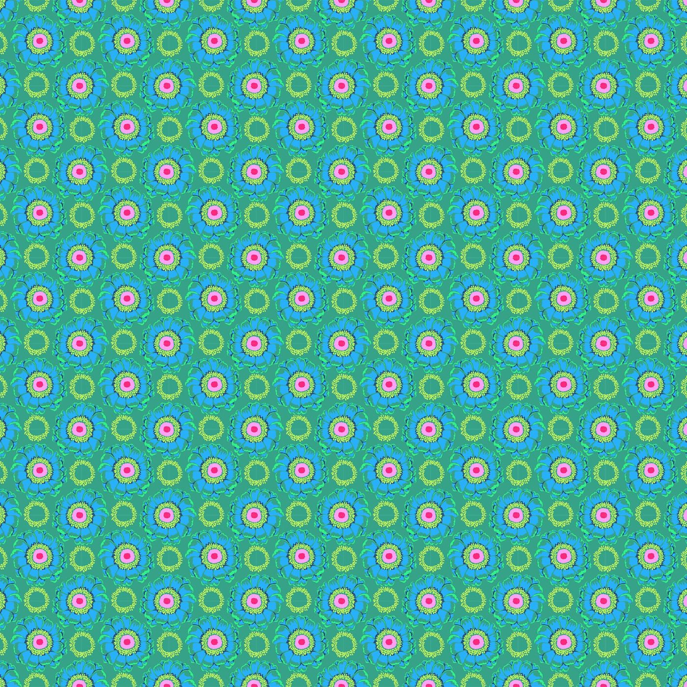The image is a repeating pattern of green and pink flowers on a blue background.