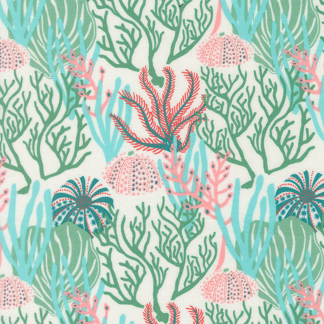 a repeating pattern of various marine life elements, including colorful coral, sea anemones, and sea urchins, all set against a light green background.