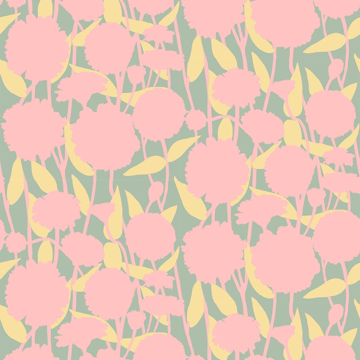 a repeating pattern of pink and yellow flowers and leaves against a green background.