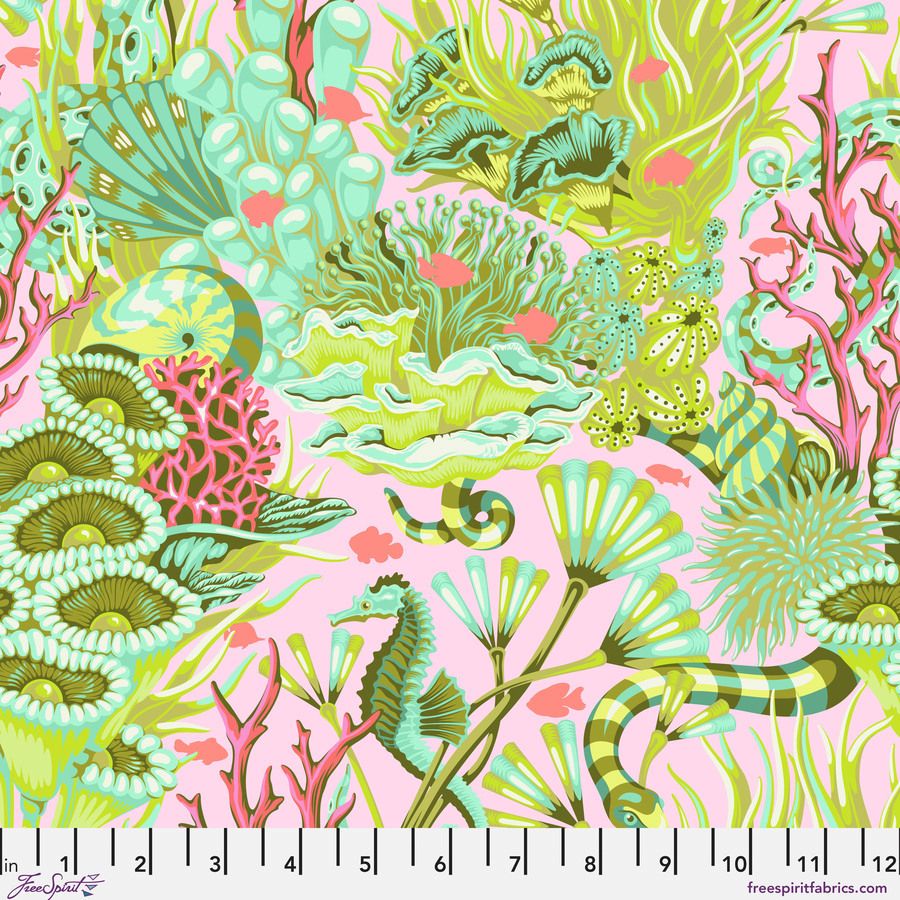 The image is a vibrant and colorful illustration of an underwater scene, featuring a variety of marine life such as fish, coral, and sea creatures. The colors used are predominantly green, pink, and blue, creating a lively and dynamic atmosphere. The image is not a single image but rather a collage of multiple images, showcasing the diversity and richness of the underwater world.