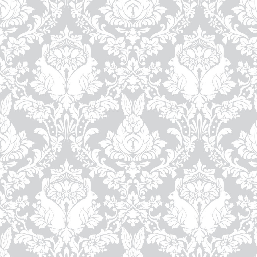 a gray and white wallpaper with a floral design