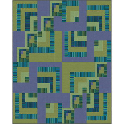 The image is a vibrant and intricate abstract pattern composed of various geometric shapes and colors, including shades of green, purple, and blue. The pattern appears to be a quilt or a textile design, with the different shapes and colors creating a visually striking and dynamic composition.