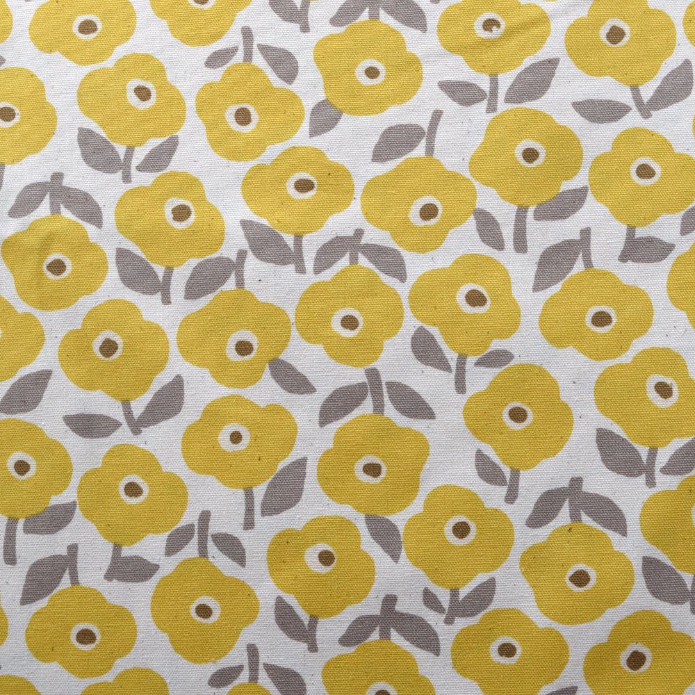 a repeating pattern of yellow flowers with gray leaves on a white background.