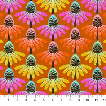 a repeating pattern of colorful flowers against an orange background.
