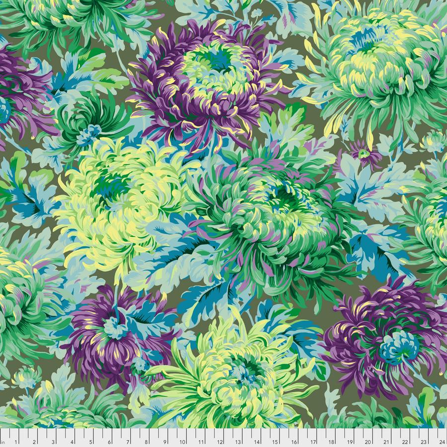 a green and purple flower pattern on a brown background