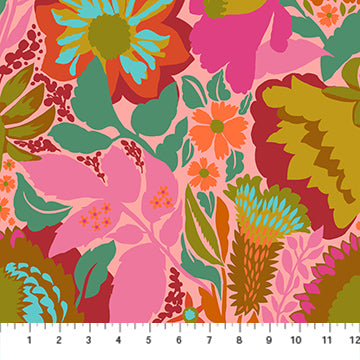 The image is a vibrant and colorful floral pattern with various flowers and leaves in shades of pink, orange, green, and yellow.