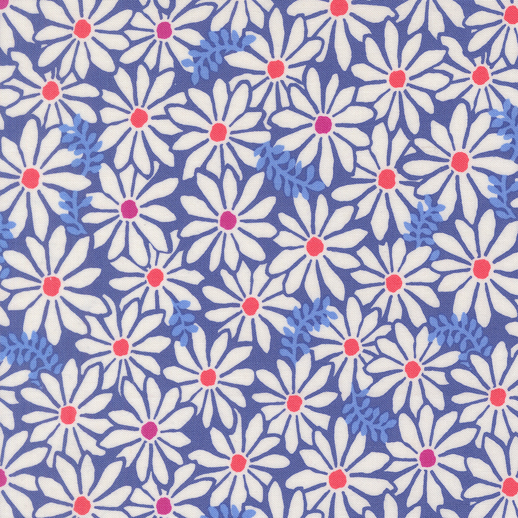 a repeating pattern of white and red flowers against a blue background.