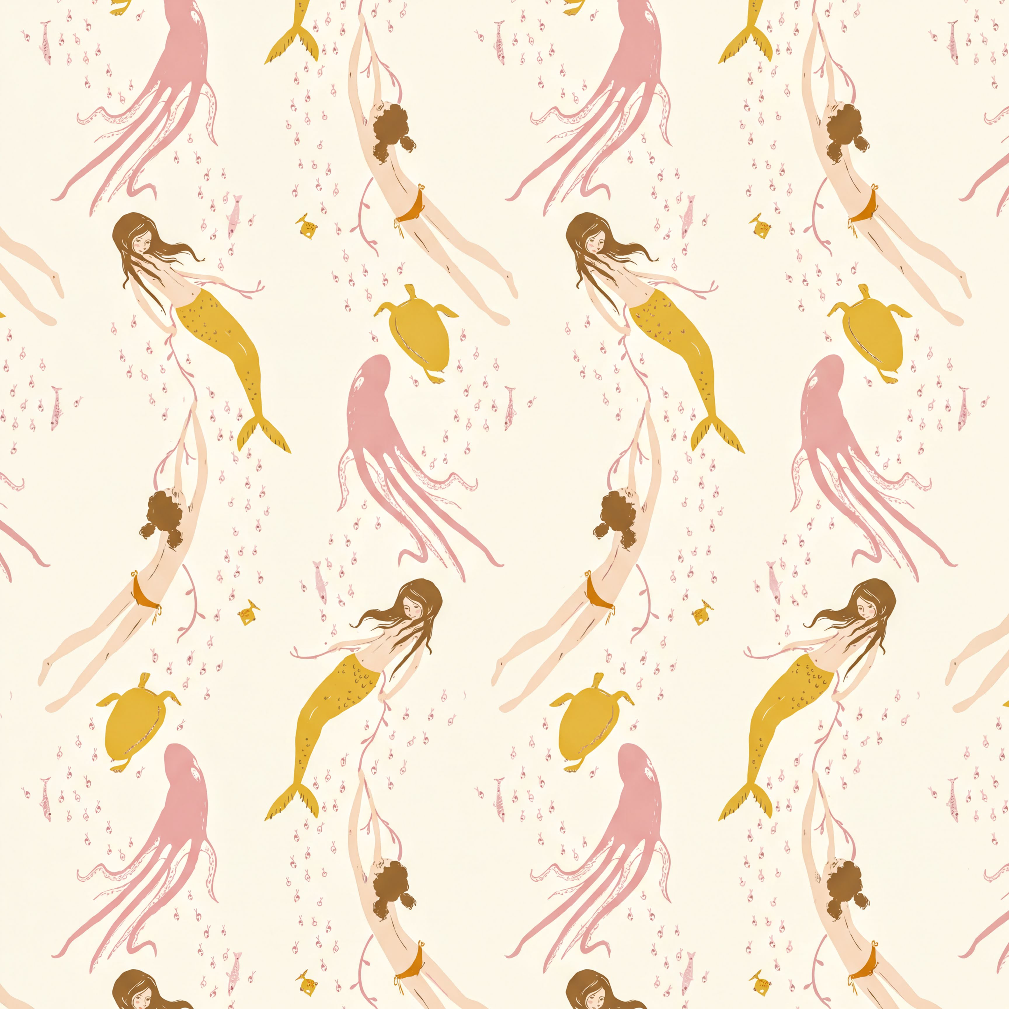The image is a repeating pattern of stylized mermaids and octopuses swimming in the ocean.
