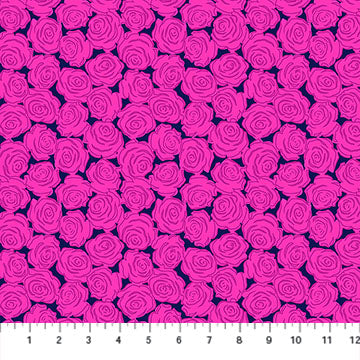a repeating pattern of pink roses against a dark background.