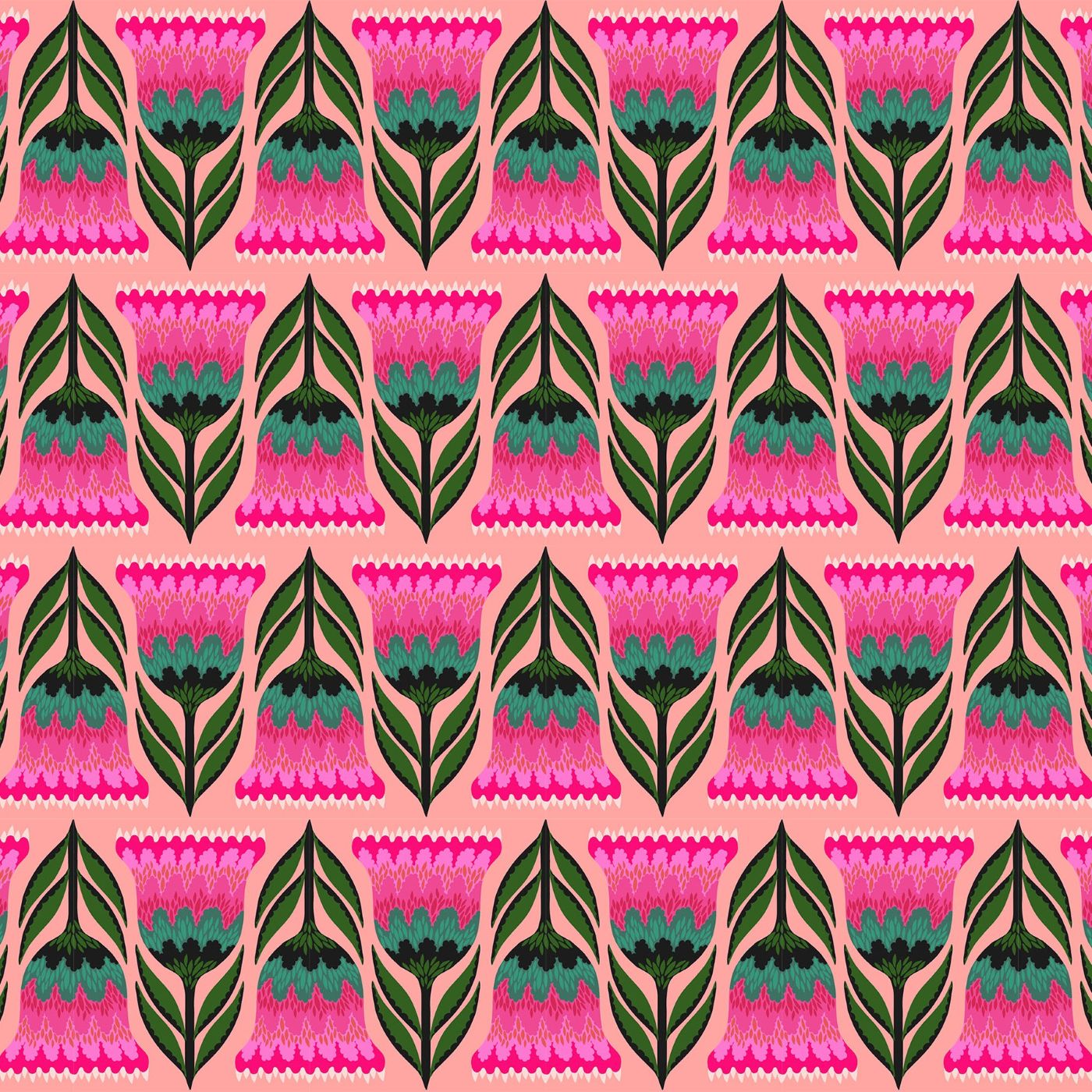 a repeating pattern of pink flowers with green leaves on a peach background.