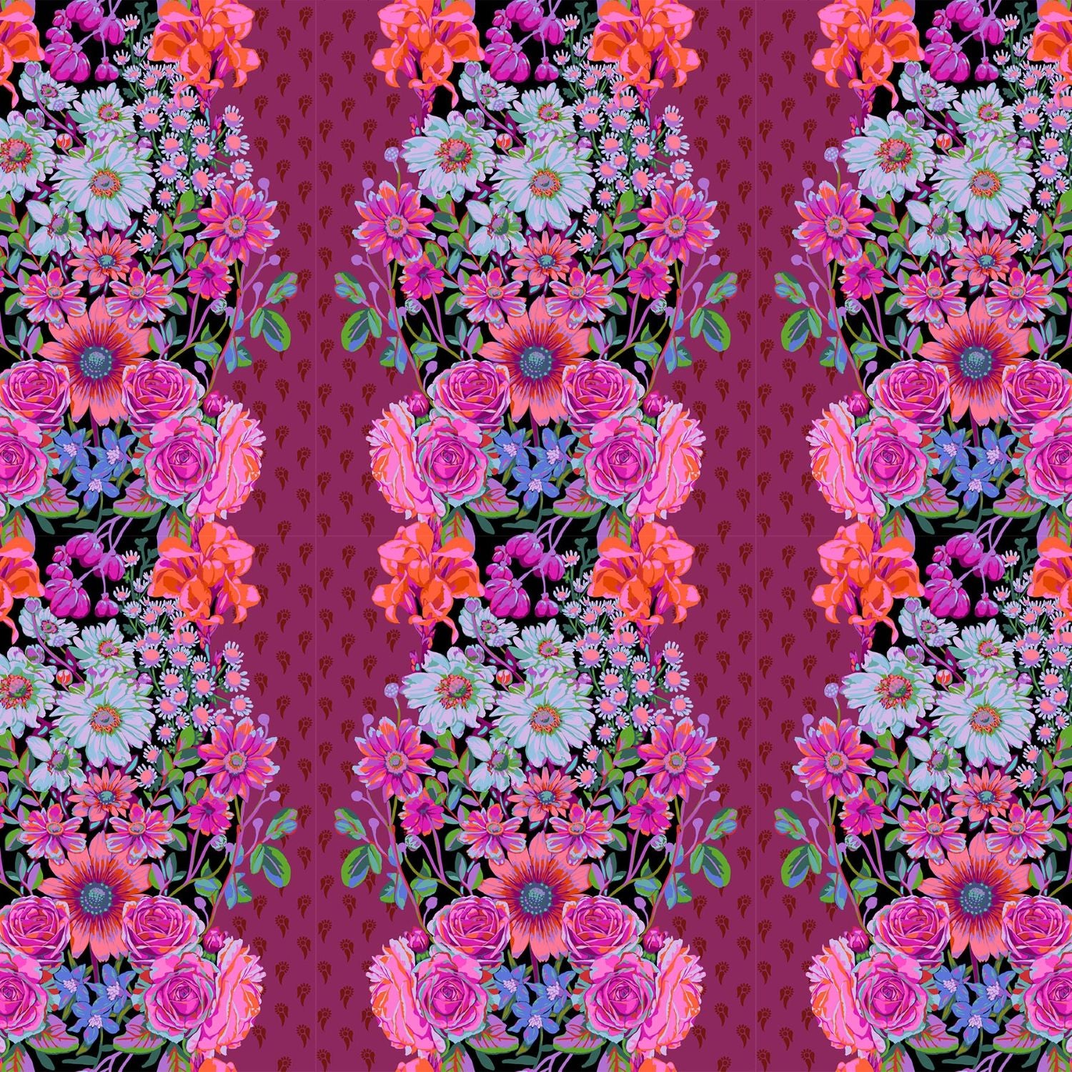 a vibrant and colorful floral pattern with various types of flowers, including roses, daisies, and sunflowers, arranged in a repeating vertical layout against a dark red background.