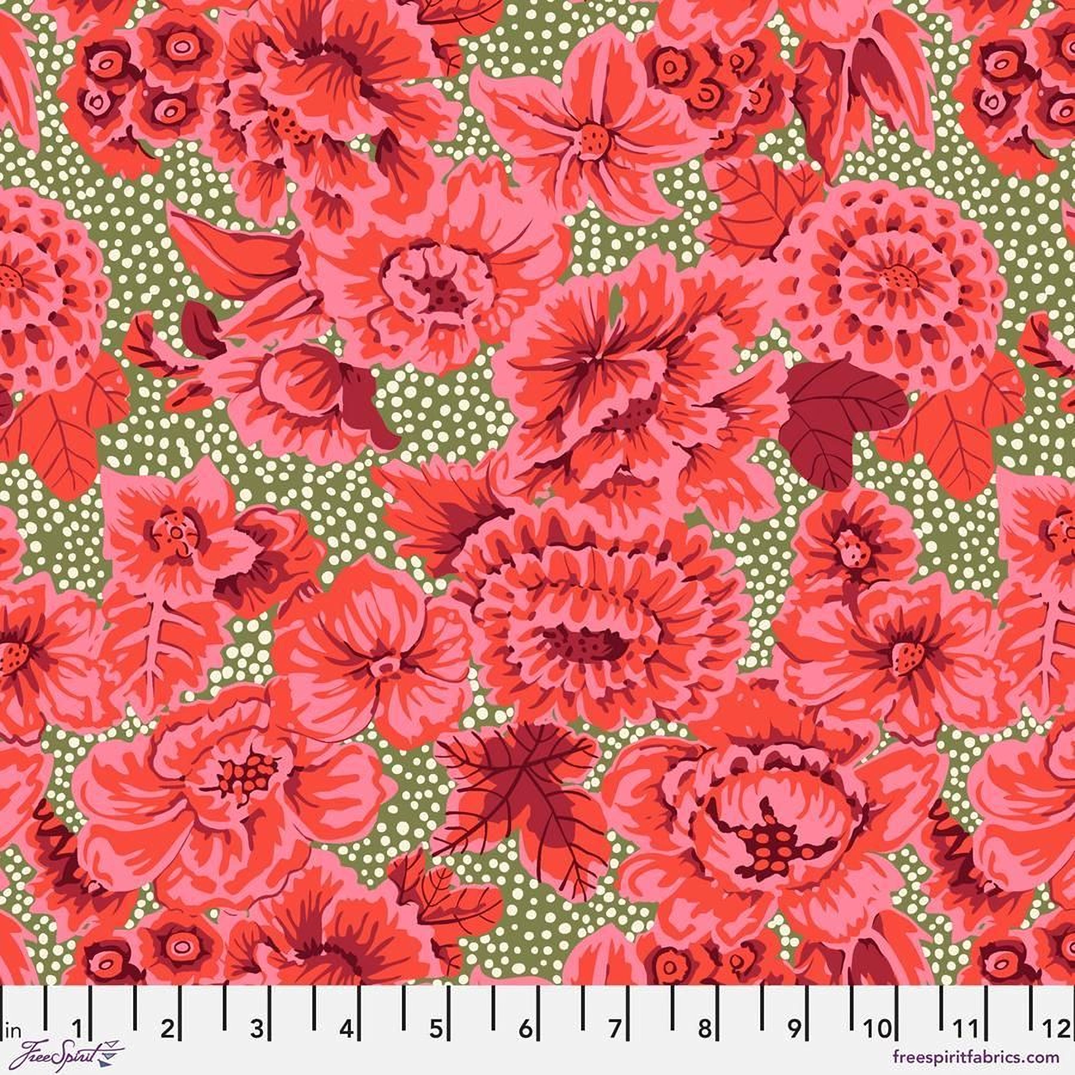 The image is a vibrant and colorful floral pattern featuring a variety of red and pink flowers against a green background with white polka dots.