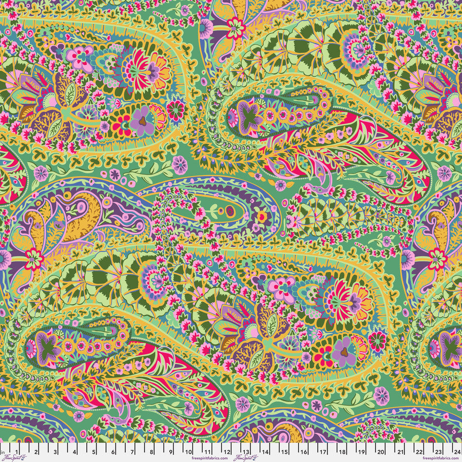 a colorful paisley design on a green background