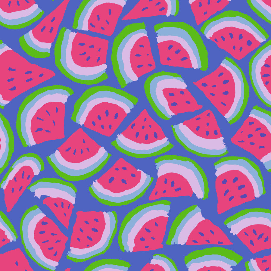 a repeating pattern of watermelon slices in various shades of pink, green, and blue against a vibrant blue background.