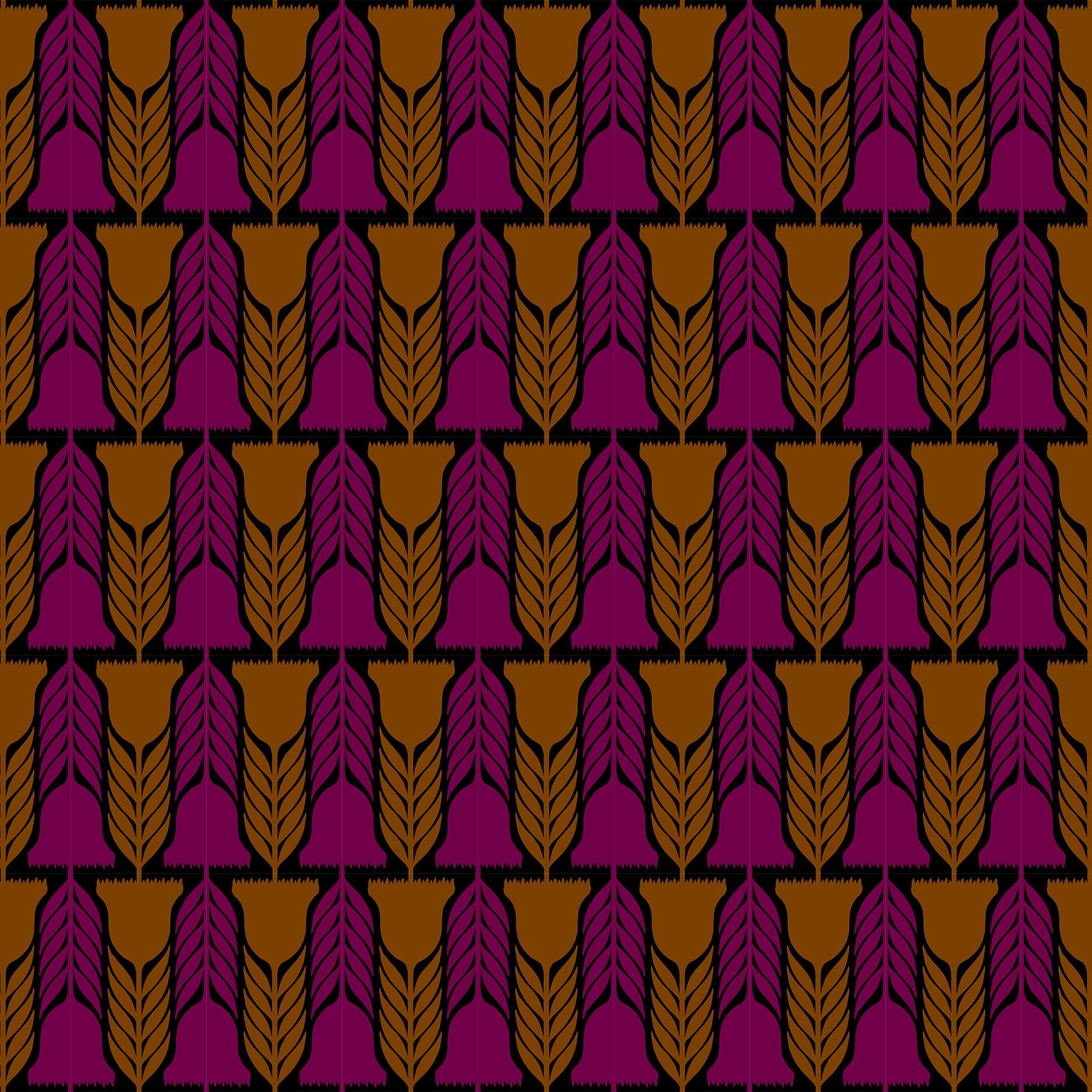 a repeating pattern of stylized leaves in shades of purple and brown, arranged in a grid-like fashion.