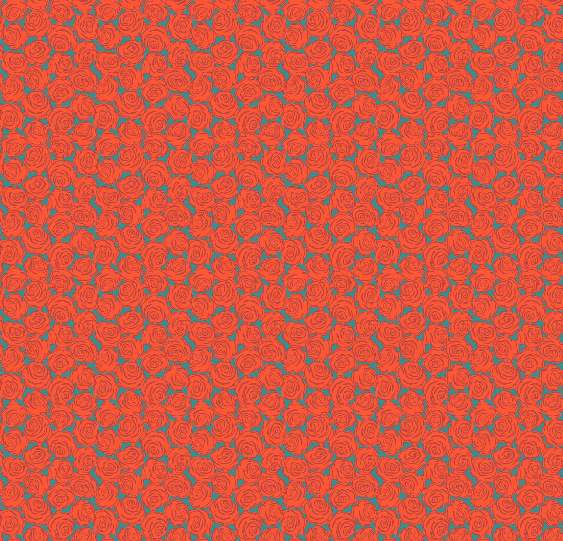 The image is a repeating pattern of red roses against a teal background.