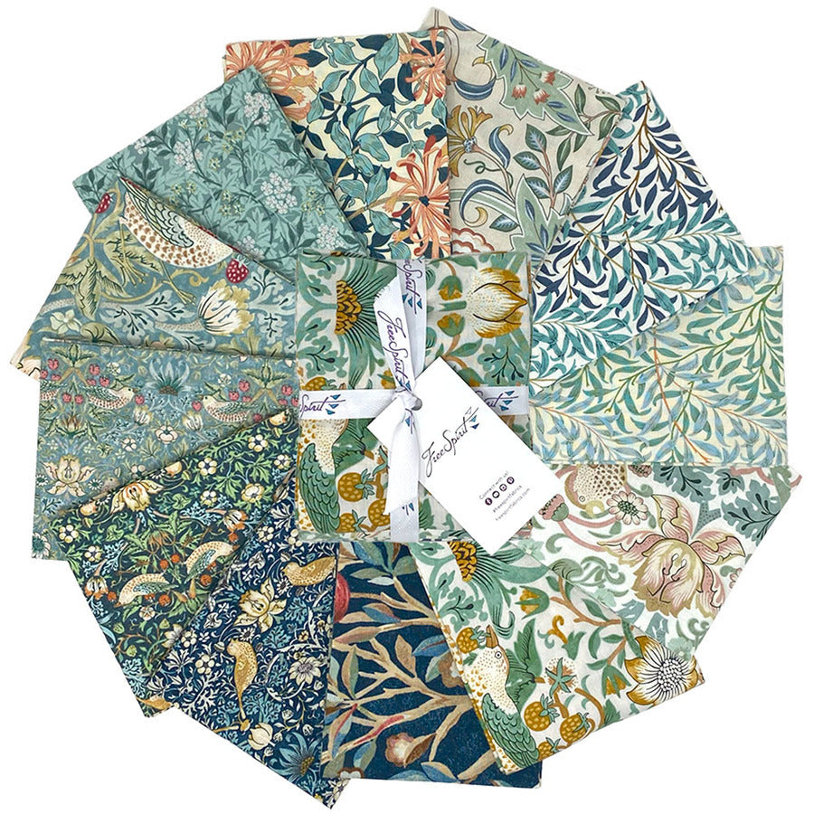 a collection of fabric swatches with various floral and leaf patterns, arranged in a circular fashion.