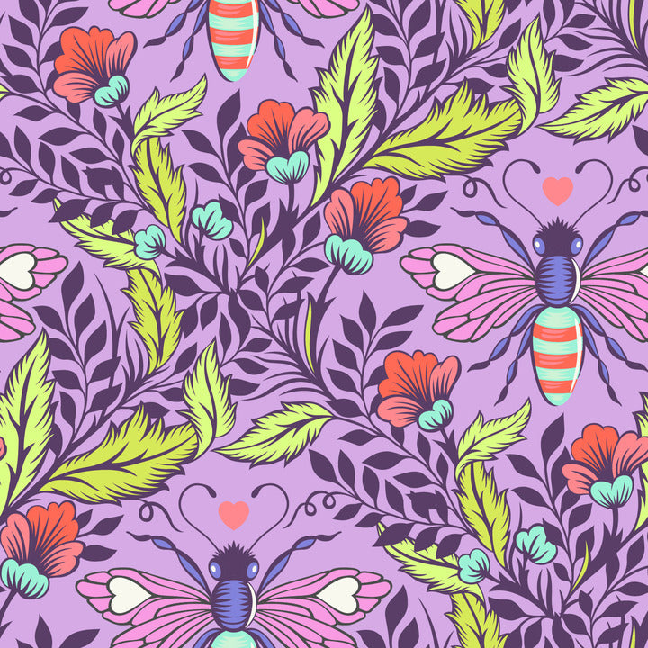 a pattern with a bee and flowers on a purple background
