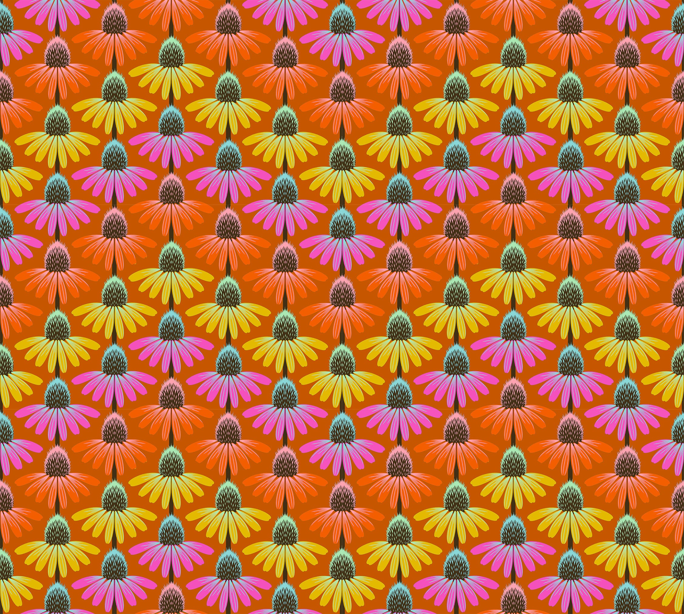 a repeating pattern of vibrant orange, pink, and yellow flowers against a bright orange background.