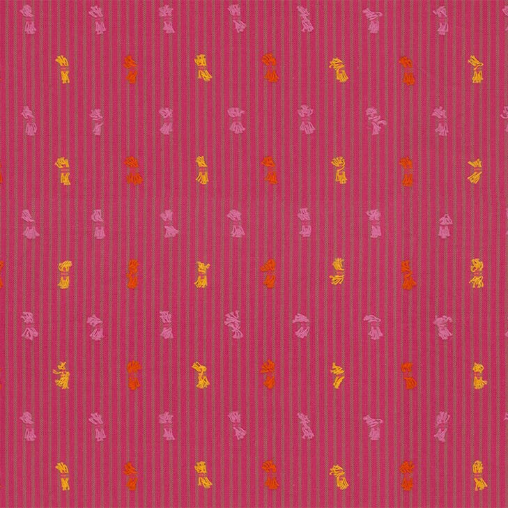 a vibrant pink and yellow striped pattern with small white and orange shapes scattered throughout the design.