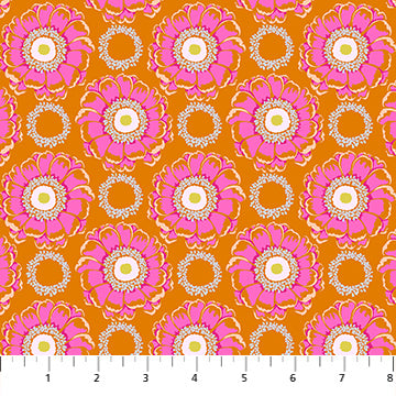 a repeating pattern of pink flowers with white centers, arranged in a grid-like fashion against an orange background.