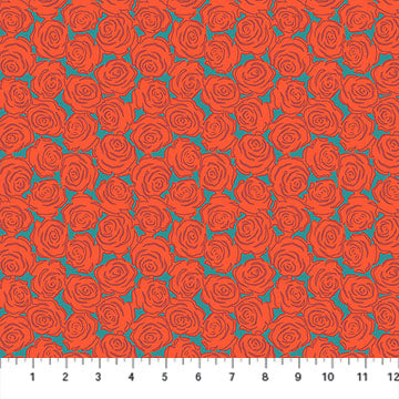a repeating pattern of red roses against a teal background.