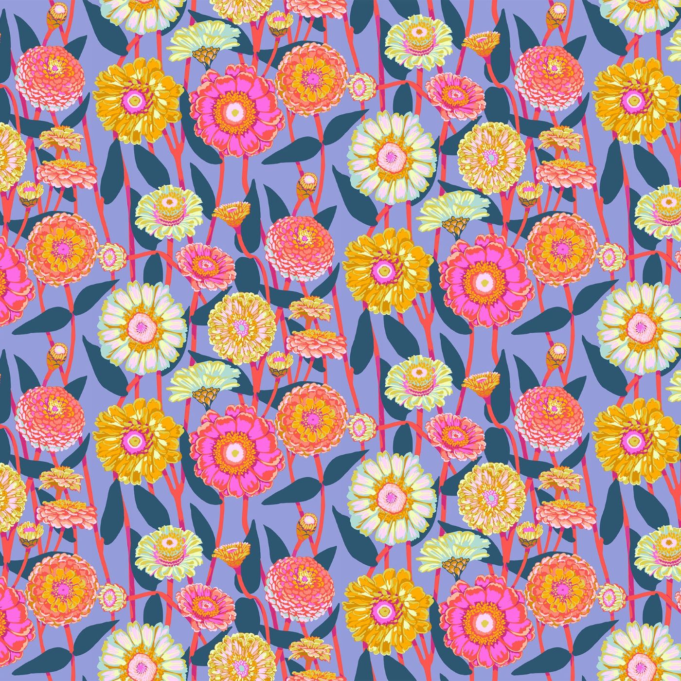 The image is a vibrant and colorful pattern featuring a variety of flowers and leaves in shades of pink, yellow, orange, and green against a purple background.