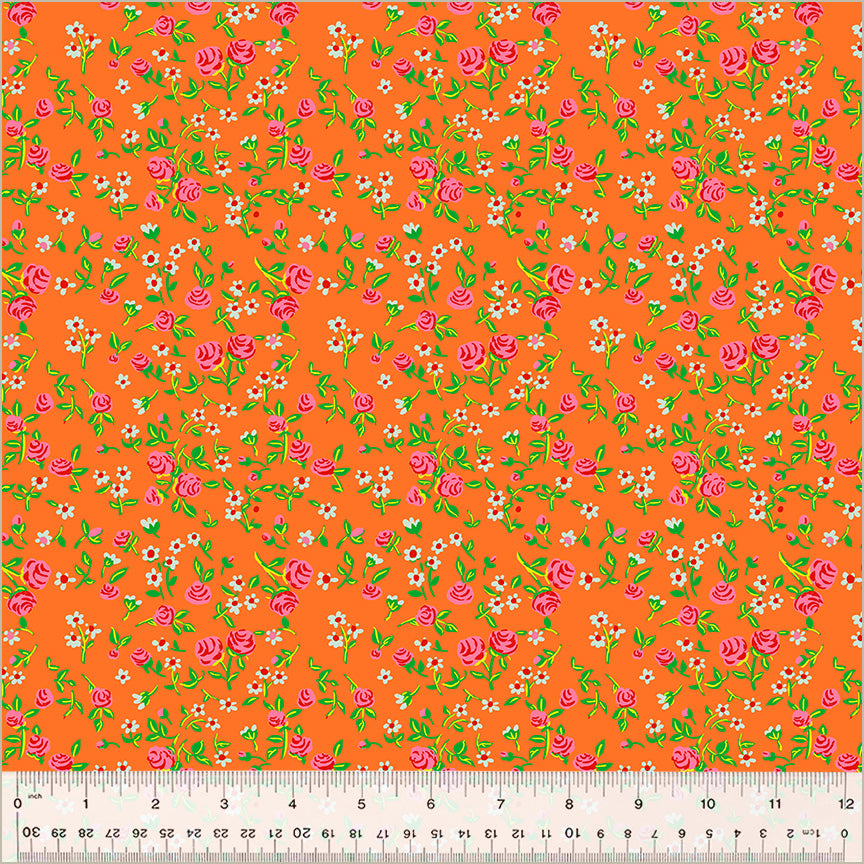 an orange background with pink flowers and green leaves