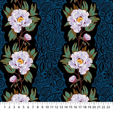 a repeating pattern of white peonies with green leaves against a dark blue background.