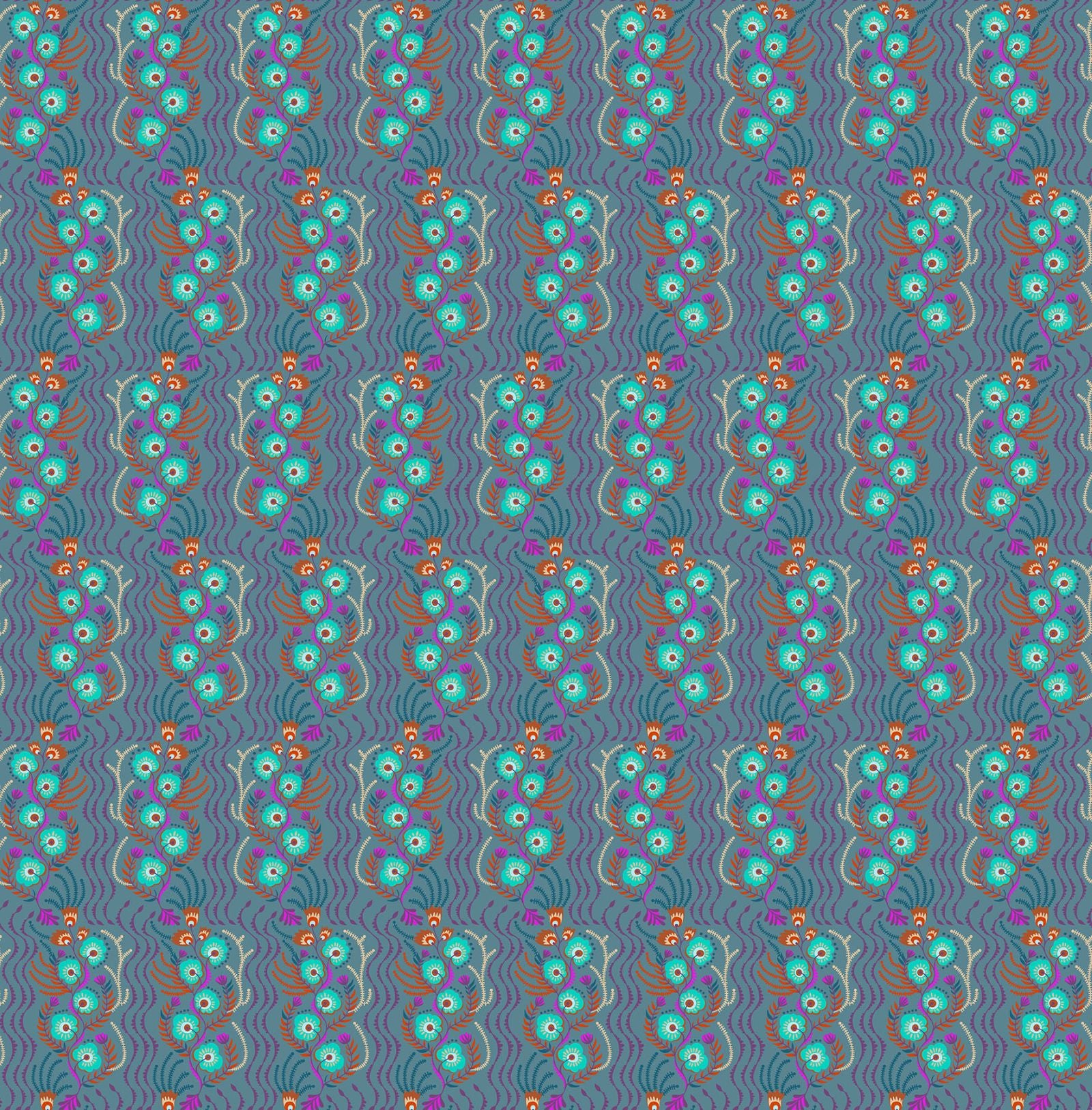 a repeating pattern of colorful peacock feathers on a blue background.