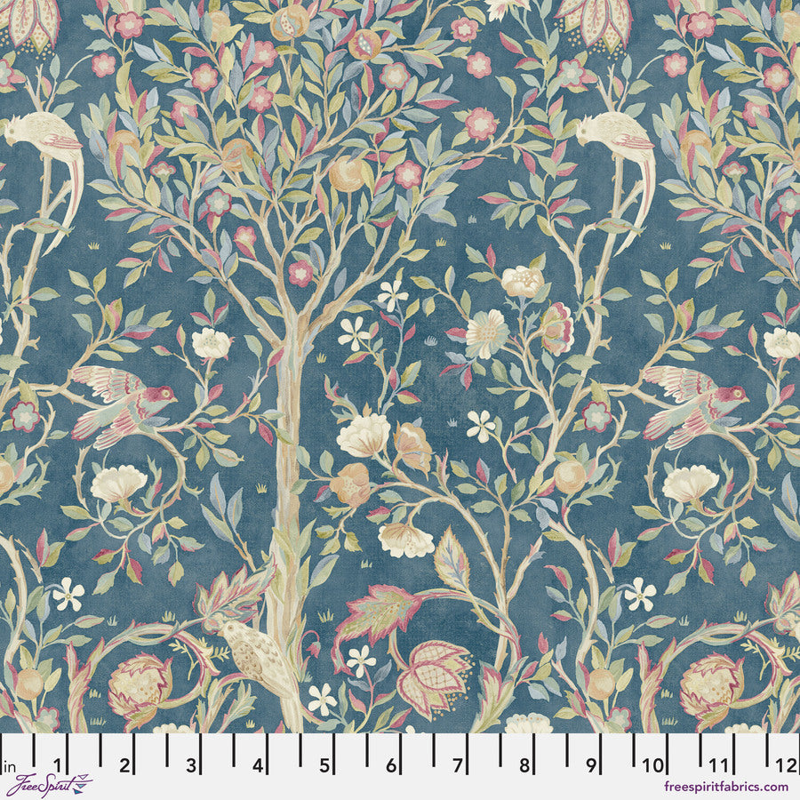 a tree with birds and flowers on a blue background